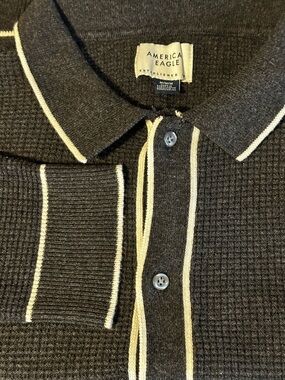 American Eagle Outfitters Men’s Charcoal Zip Polo Sweater with Cream Trim
